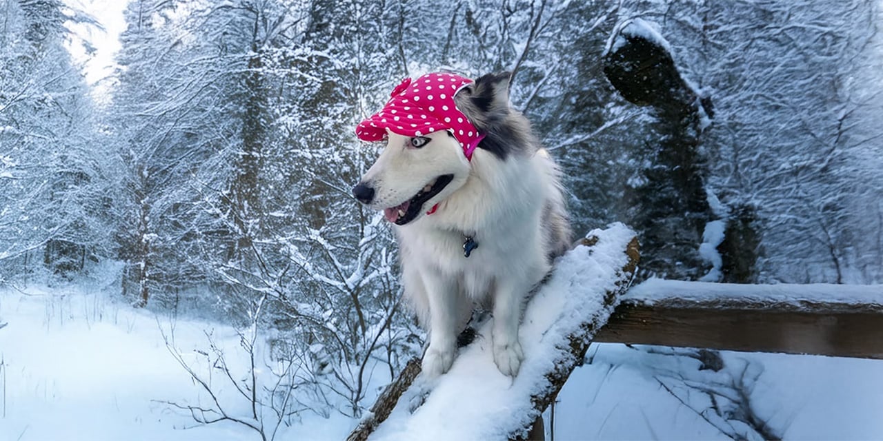 Dog wearing a pink polka dot dog hat in snowy weather, stylish dog hats for winter walks
